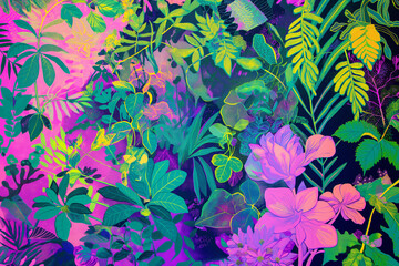 Wall Mural - Tropical background exotic fresh green. Summer leaves and plants in vivid colorful neon colors, flat lay of seamless pattern. Different vibrant type of wallpaper 	