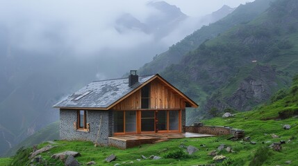 Poster - Write about the architectural resilience of an isolated house in a rugged mountain terrain