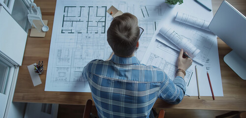 Poster - an engineer working on blueprints of a project in modern office