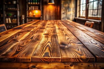 Wall Mural - Rustic wooden table surface with natural grain patterns, scratches, and worn edges, evoking a sense of warmth and coziness in a serene atmosphere.