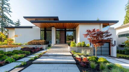 Poster - Write about the contemporary design elements of a minimalist house exterior. Describe clean lines, geometric shapes,