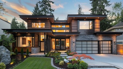 Poster - Write about the contemporary design elements of a minimalist house exterior. Describe clean lines, geometric shapes,