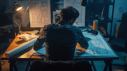 Wall Mural - an engineer working on blueprints of a project in modern office