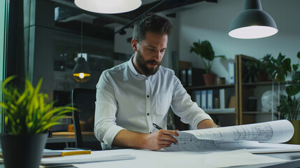 Poster - an engineer working on blueprints of a project in modern office