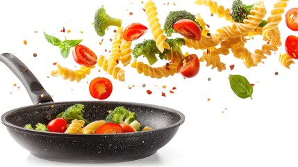 Sticker - Dynamic scene of pasta and vegetables suspended above a hot black pan, isolated against a white background for emphasis.