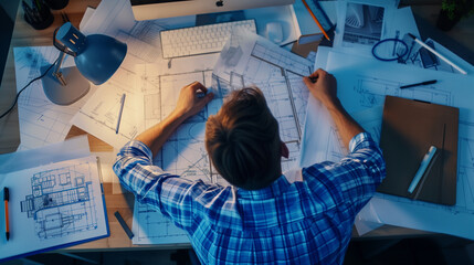 Poster - an engineer working on blueprints of a project in modern office