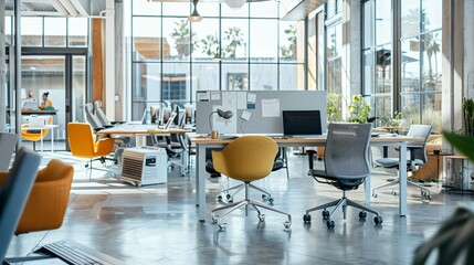 Poster - Write about the evolution of office design trends with laptops as essential tools. Describe open-plan layouts, flexible workspaces,