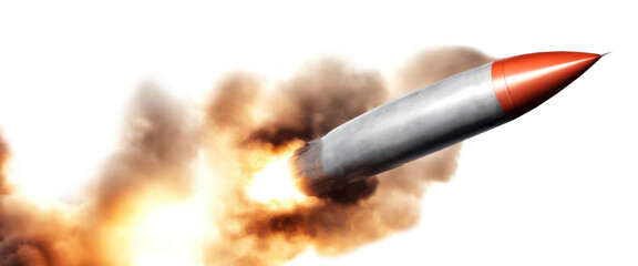 Dynamic missile launch, with powerful smoke and flame effects, isolated on transparent background 