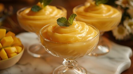 Canvas Print - gourmet desserts, experience the indulgence of mango pudding in chic glass bowls, a silky dessert that tantalizes your taste buds with every bite