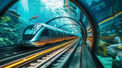 Oceanic Velocity Subterranean Bullet Train Surrounded by Aquatic Wonders