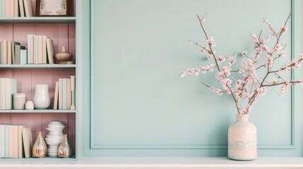 Aufkleber - A shelf unit displays decorative books, vases, and photo frames beneath a soft pastel wall, creating an inviting and stylish living space. Generative AI
