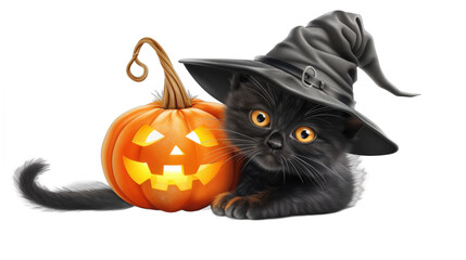 Poster - A black cat wearing a black witch's hat is laying on a white background with a p