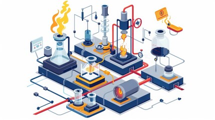 Poster - Diagram of a materials science experiment, showcasing methods for testing material properties like tensile strength, hardness, and thermal conductivity
