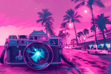 Retro Camera with Neon Glow on Palm-lined Street