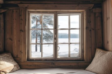 Sticker - Window see winter landscape windowsill furniture cottage.