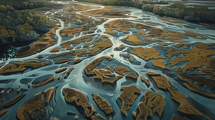 Showcase an aerial view of wetlands with a focus on the intricate patterns created by tidal fluctuations and seasonal changes.