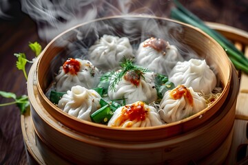 Wall Mural - Delicious dumplings in a steaming bamboo basket with vibrant green garnish.