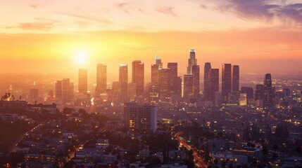 Sticker - Showcase the Los Angeles skyline at dawn, as the first light of day illuminates the cityscape.