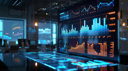Poster - stock market performance statistics virtual display in modern office, stock market economy or business analysis