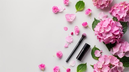 Canvas Print - Beauty blogger flat lay with cosmetics and pink hydrangea on light background