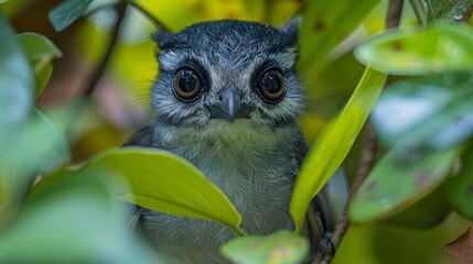 Curious Small Bird Observing Nature Among Lush Green Leaves in a Tropical Environment