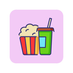 Poster - Snack line icon. Popcorn and takeaway cola with straw. Cinema concept. Can be used for topics like movie watching, takeaway food, entertainment, leisure