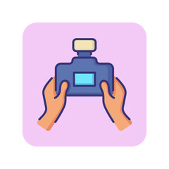 Poster - Shooting line icon. Hands holding photo camera. Photography concept. Can be used for topics like picturing, capturing, studio