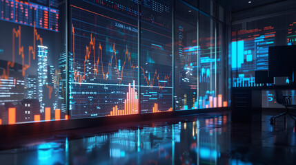 Poster - stock market performance statistics virtual display in modern office, stock market economy or business analysis