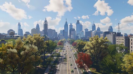 Poster - Showcase the Philadelphia skyline from the vantage point of the Benjamin Franklin Parkway, highlighting the city's layout.