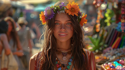 A woman wearing a flower headdress and a necklace is smiling