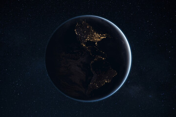 Poster - Beautiful night planet Earth with cities of South America and USA. Business and communication, concept. Amazing starry space and blue planet. Brazil, America, Canada, Mexico, Argentina