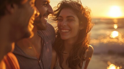 A group of three people is captured sharing a laugh and enjoying the golden hour by the seaside, evoking the atmosphere of friendship and relaxation.