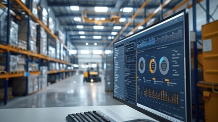 Poster - warehouse with data analytics on screen. modern warehouse setting with a focus on a computer screen 