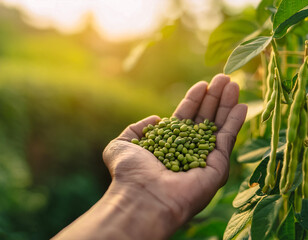 mung beans trees on plantation. close up hand selected The best mung beans are still fresh and ready to be harvested.