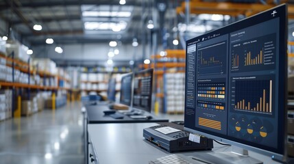 Poster - Warehouse Operations with Performance Analytics. Bustling warehouse environment with multiple computer screens displaying performance analytics and inventory management data.