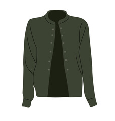 Wall Mural - Green jacket with buttons. Modern fashion open leather blazer. Trendy casual clothes. Stylish wearing. Flat vector illustration of female garment isolated on transparent background.