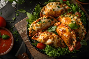 Wall Mural - Delicious baked dumplings served with fresh herbs and tomato sauce.