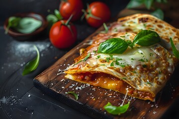 Wall Mural - Delicious cheesy crepes with fresh basil and tomatoes on a wooden cutting board.