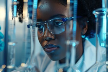 Leinwandbilder - A scientist wearing reflective glasses intently focuses on work in a laboratory, surrounded by scientific equipment, highlighting precision and dedication to their field of study.