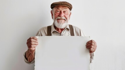 Wall Mural - An elderly man with a gray beard and wearing a cap, vintage shirt, and suspenders, holds a blank sign against a minimalist background, providing a rustic aesthetic.