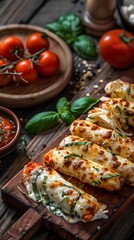 Wall Mural - Delicious baked enchiladas topped with melted cheese and fresh herbs on a wooden table.