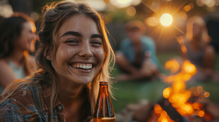 Wall Mural - A woman is smiling and holding a beer bottle