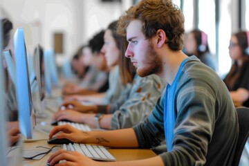 Sticker - Adult student computer sitting working.