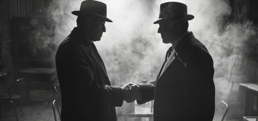 Two men in black hats shake hands in a smoky room