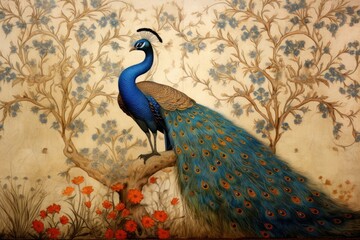 Wall Mural - Medieval Persian painting art of peacock on a Persian pattern animal bird wall.