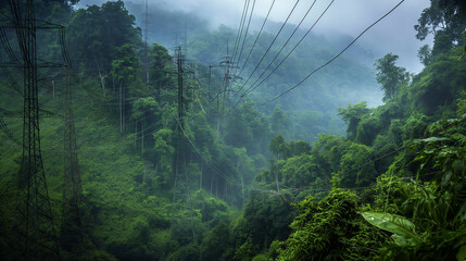 A dense forest with tall trees, where high-voltage transmission lines cut through the greenery. The contrast between the natural environment and the industrial infrastructure creates a striking visual