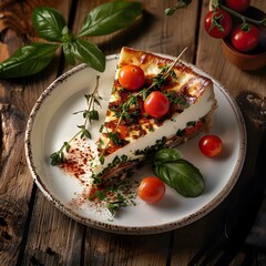 Wall Mural - A savory slice of pesto quiche garnished with cherry tomatoes and fresh herbs.