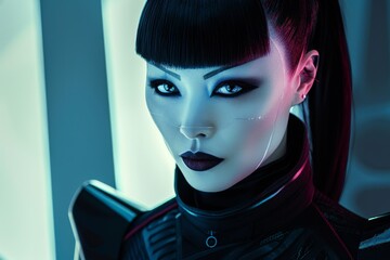 Wall Mural - A sensual cyber woman in creative make-up. Technology and future concept. Isolated on dark textures.