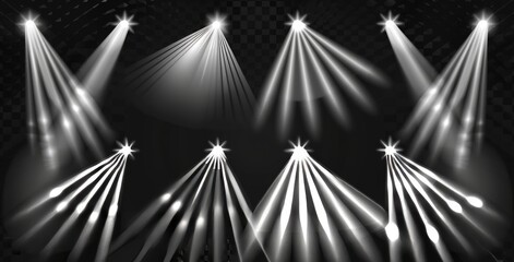 Poster - A collection of light sources, concert lighting, stage beam spotlights, lens flare effect and bright star. Light effects on transparent background.