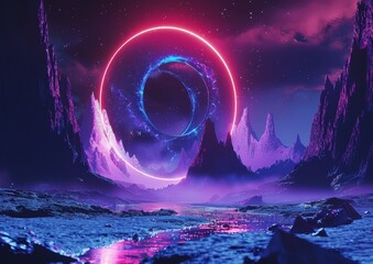 Canvas Print - Stunning 3D render of an abstract neon background with pink red fireworks above crystal rocks, a cosmic scene with glowing round frames, a ring of ultraviolet light, virtual reality, dark space, and